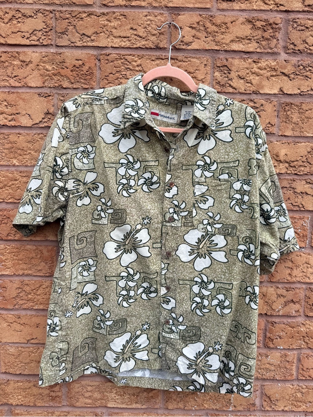 4/$25 • Paragraff Men's Olive Green Floral Hawaiian Shirt